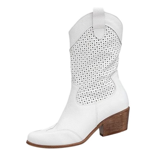White Western Cowboy Boot Low Heels Women's Mid-Calf Cowgirl Boots Casual Shoes