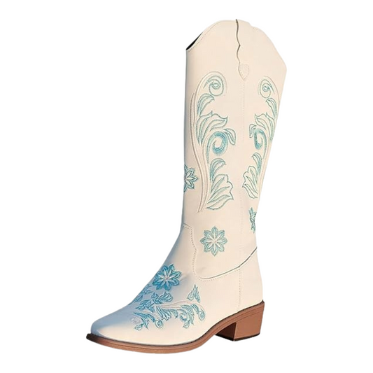 White Cowboy Embroidery Boots Retro Thin Pointed High Barrel Knight Boots Thick Heel Women's Knee Length Cowboy Boot for Women