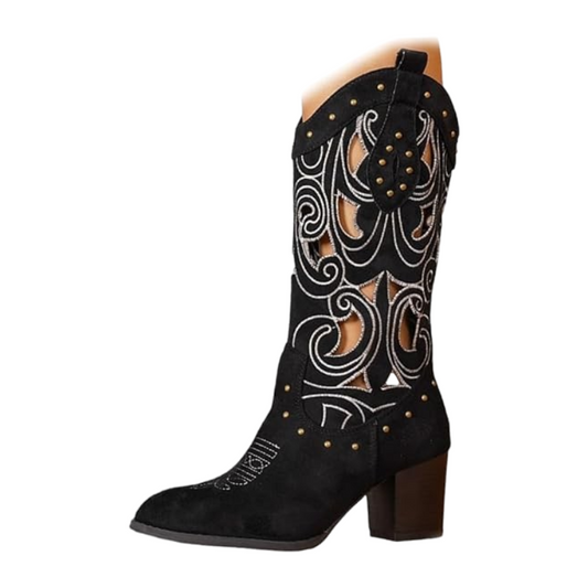 Retro Hollow Embroidery Cowgirl Western Boots For Women Flock Square Heel Slip On Country Music Concert Mid-calf Booties