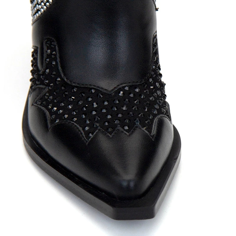 Women's new European and American pointed tassel rhinestone high heeled oversized and calf Western denim short boots