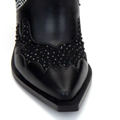 Women's new European and American pointed tassel rhinestone high heeled oversized and calf Western denim short boots