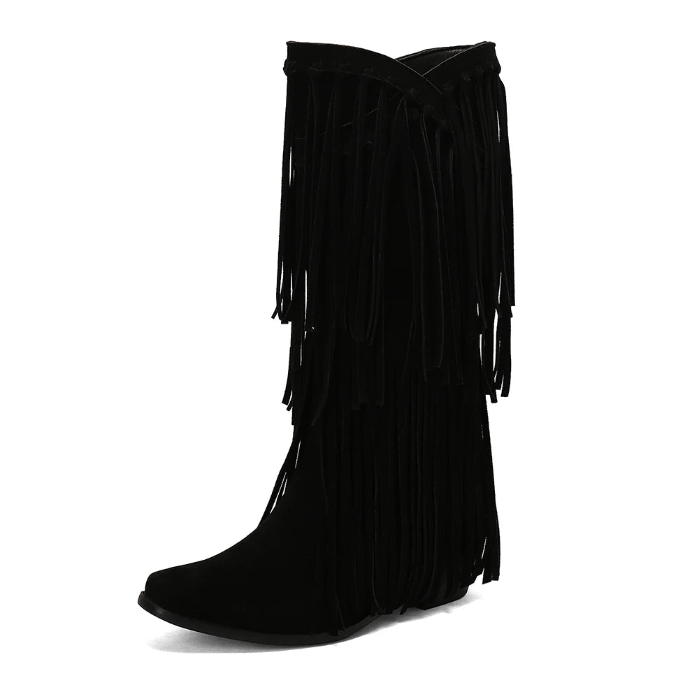 Large Size 45 Women Retro Ethnic Western Cowboy Boots Block Medium Heels Tassel Fringe Kneehigh Boot Lady Winter Shoes Free ship