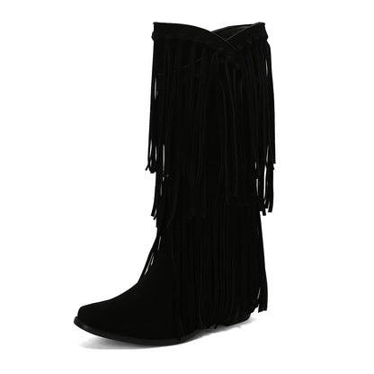 Large Size 45 Women Retro Ethnic Western Cowboy Boots Block Medium Heels Tassel Fringe Kneehigh Boot Lady Winter Shoes Free ship