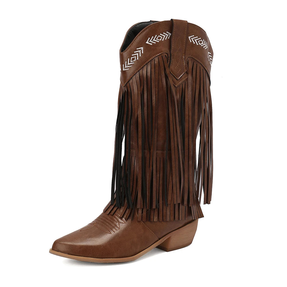 Cowboy Boots Shoes For Women Embroidery Tassel Chunky Heels Pointed Toe Pink Western Boots Fashion Slip-on Wedge Boots Female