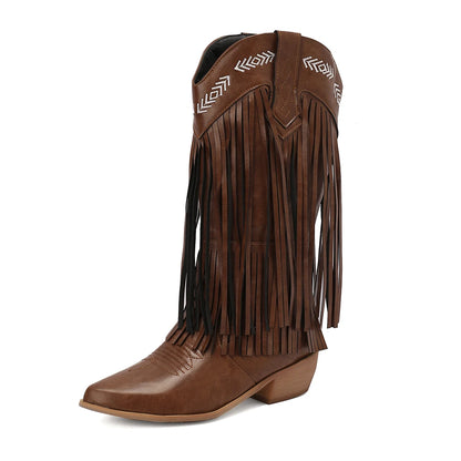 Cowboy Boots Shoes For Women Embroidery Tassel Chunky Heels Pointed Toe Pink Western Boots Fashion Slip-on Wedge Boots Female
