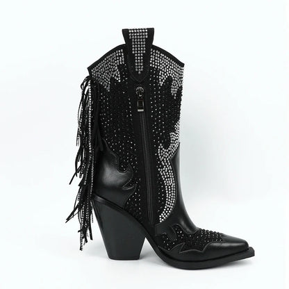 Women's new European and American pointed tassel rhinestone high heeled oversized and calf Western denim short boots