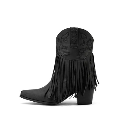 LeShion of Chanmeb Vintage Women's Tassels Western Boots Chunky Heels Punk Goth Embroidery Mid-calf Cowboy Boots Fringed Shoe 43