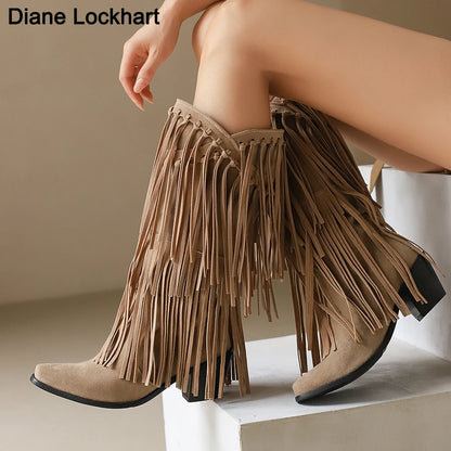 Large Size 45 Women Retro Ethnic Western Cowboy Boots Block Medium Heels Tassel Fringe Kneehigh Boot Lady Winter Shoes Free ship
