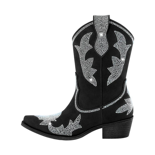 Onlymaker Pointed Toe Black Embroidery Cowboy Boots Rhinestones Comfortable Party Plus Size Side Zipper Ankle Booties