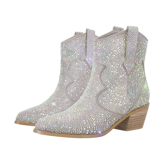 Onlymaker Pointed Toe Ankle Boots Silver Clear Rhinestone Glitter Bling Shiny Super Pretty Sparkly Gorgeous Dress Cowgirl  Boots