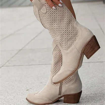 White Western Cowboy Boot Low Heels Women's Mid-Calf Cowgirl Boots Casual Shoes