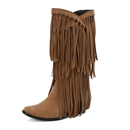Large Size 45 Women Retro Ethnic Western Cowboy Boots Block Medium Heels Tassel Fringe Kneehigh Boot Lady Winter Shoes Free ship
