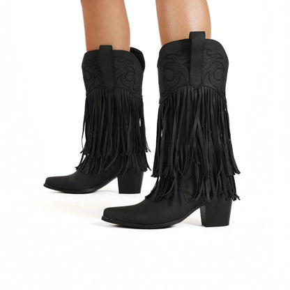 Embroidery White Pointed Toe Western Cowboy Boots with Tassels Chunky High Heels Slip-on Ladies Shoes Winter Goth Black Boot