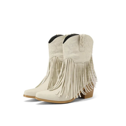 LeShion of Chanmeb Vintage Women's Tassels Western Boots Chunky Heels Punk Goth Embroidery Mid-calf Cowboy Boots Fringed Shoe 43