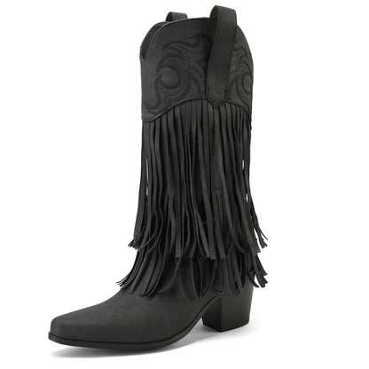 Embroidery White Pointed Toe Western Cowboy Boots with Tassels Chunky High Heels Slip-on Ladies Shoes Winter Goth Black Boot