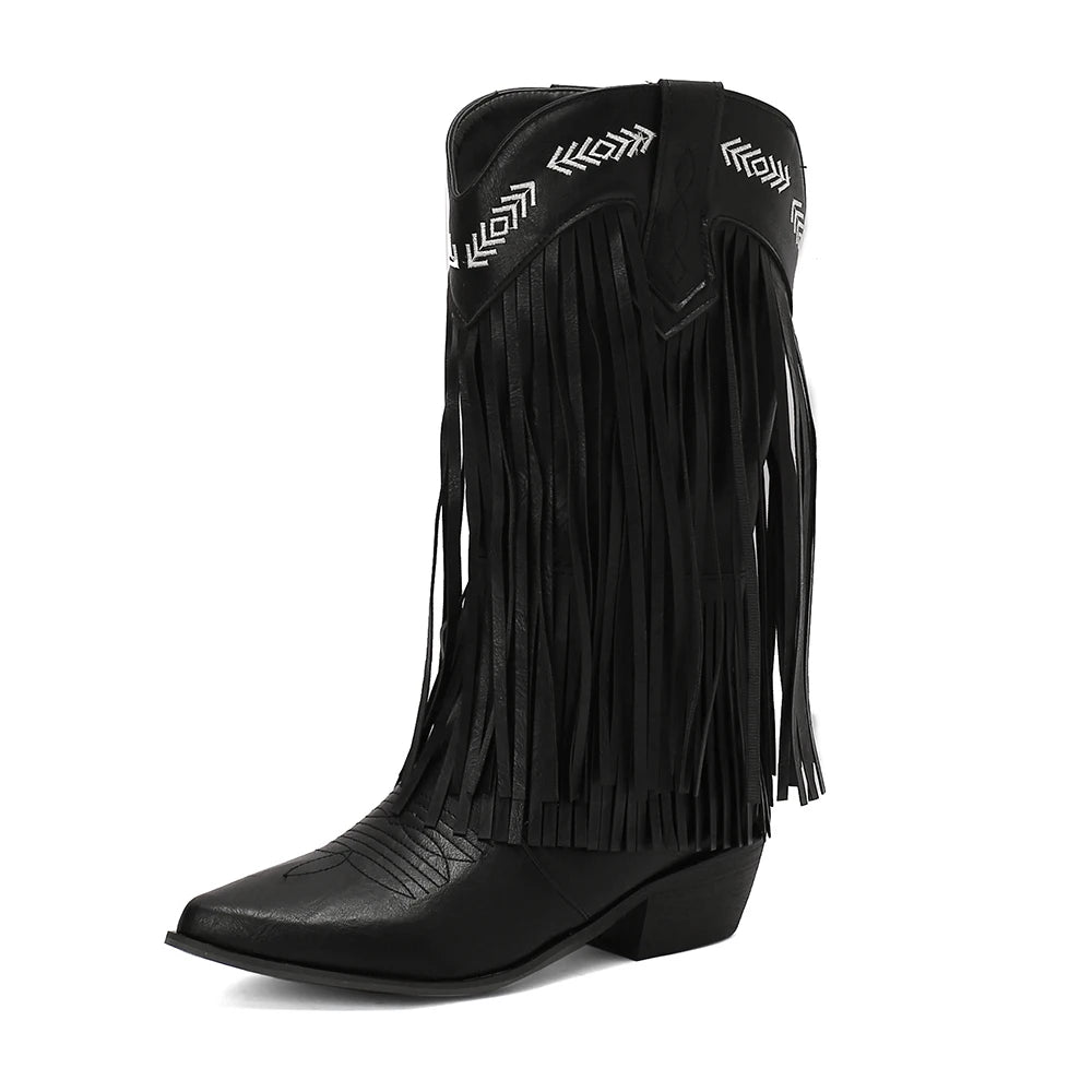 Cowboy Boots Shoes For Women Embroidery Tassel Chunky Heels Pointed Toe Pink Western Boots Fashion Slip-on Wedge Boots Female