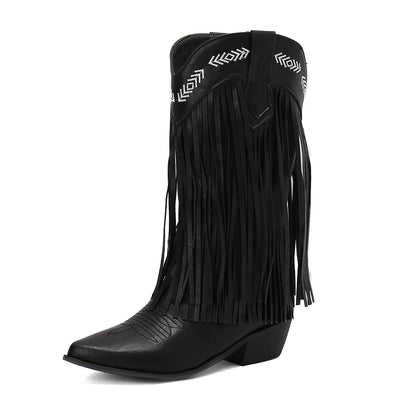 Cowboy Boots Shoes For Women Embroidery Tassel Chunky Heels Pointed Toe Pink Western Boots Fashion Slip-on Wedge Boots Female