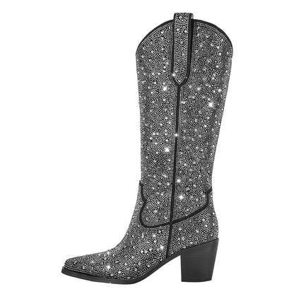 Onlymaker Women Pointed Toe Rhinestone Knee High Western Cowgirl Boots Glitter Bling Shiny  Block Heel Lady Boots