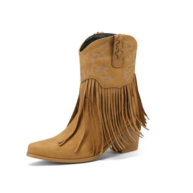 LeShion of Chanmeb Vintage Women's Tassels Western Boots Chunky Heels Punk Goth Embroidery Mid-calf Cowboy Boots Fringed Shoe 43