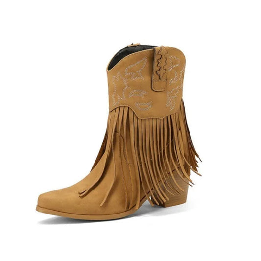 LeShion of Chanmeb Vintage Women's Tassels Western Boots Chunky Heels Punk Goth Embroidery Mid-calf Cowboy Boots Fringed Shoe 43