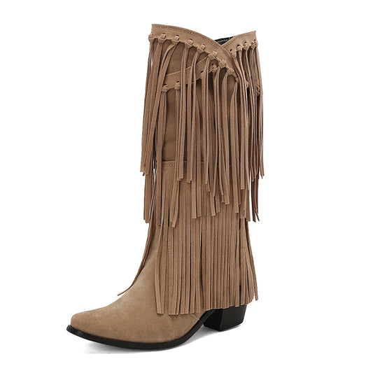 Large Size 45 Women Retro Ethnic Western Cowboy Boots Block Medium Heels Tassel Fringe Kneehigh Boot Lady Winter Shoes Free ship