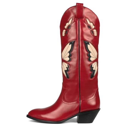 2025 Brand New Big size 46 Red Butterfly Cowboy Boots for Women Black Vintage Y2K Slip On Cowgirls Knee High Boots Shoes