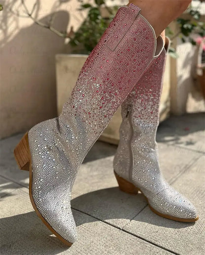Onlymaker Women Pointed Toe Rhinestone Knee High Western Cowgirl Boots Glitter Bling Shiny  Block Heel Lady Boots