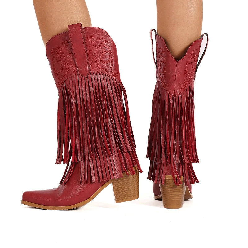 Embroidery White Pointed Toe Western Cowboy Boots with Tassels Chunky High Heels Slip-on Ladies Shoes Winter Goth Black Boot