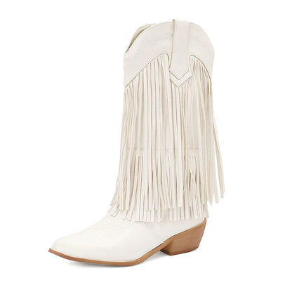 Cowboy Boots Shoes For Women Embroidery Tassel Chunky Heels Pointed Toe Pink Western Boots Fashion Slip-on Wedge Boots Female