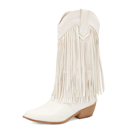 Cowboy Boots Shoes For Women Embroidery Tassel Chunky Heels Pointed Toe Pink Western Boots Fashion Slip-on Wedge Boots Female