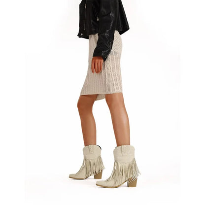 LeShion of Chanmeb Vintage Women's Tassels Western Boots Chunky Heels Punk Goth Embroidery Mid-calf Cowboy Boots Fringed Shoe 43